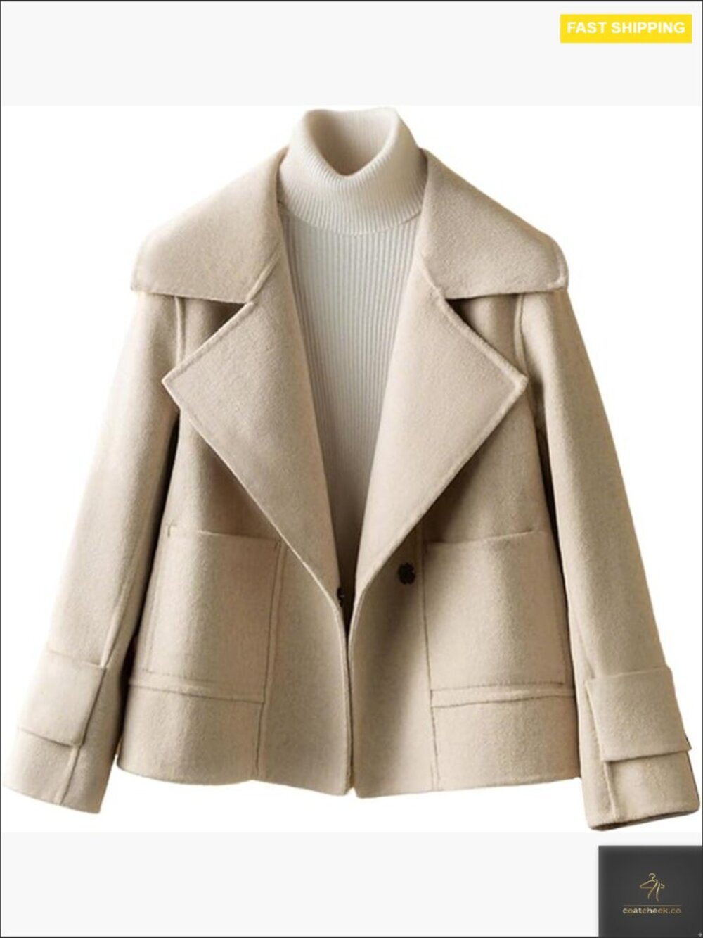 Wool Pea Coat Notched Lapel Cropped Trench with Pockets Slim Fit